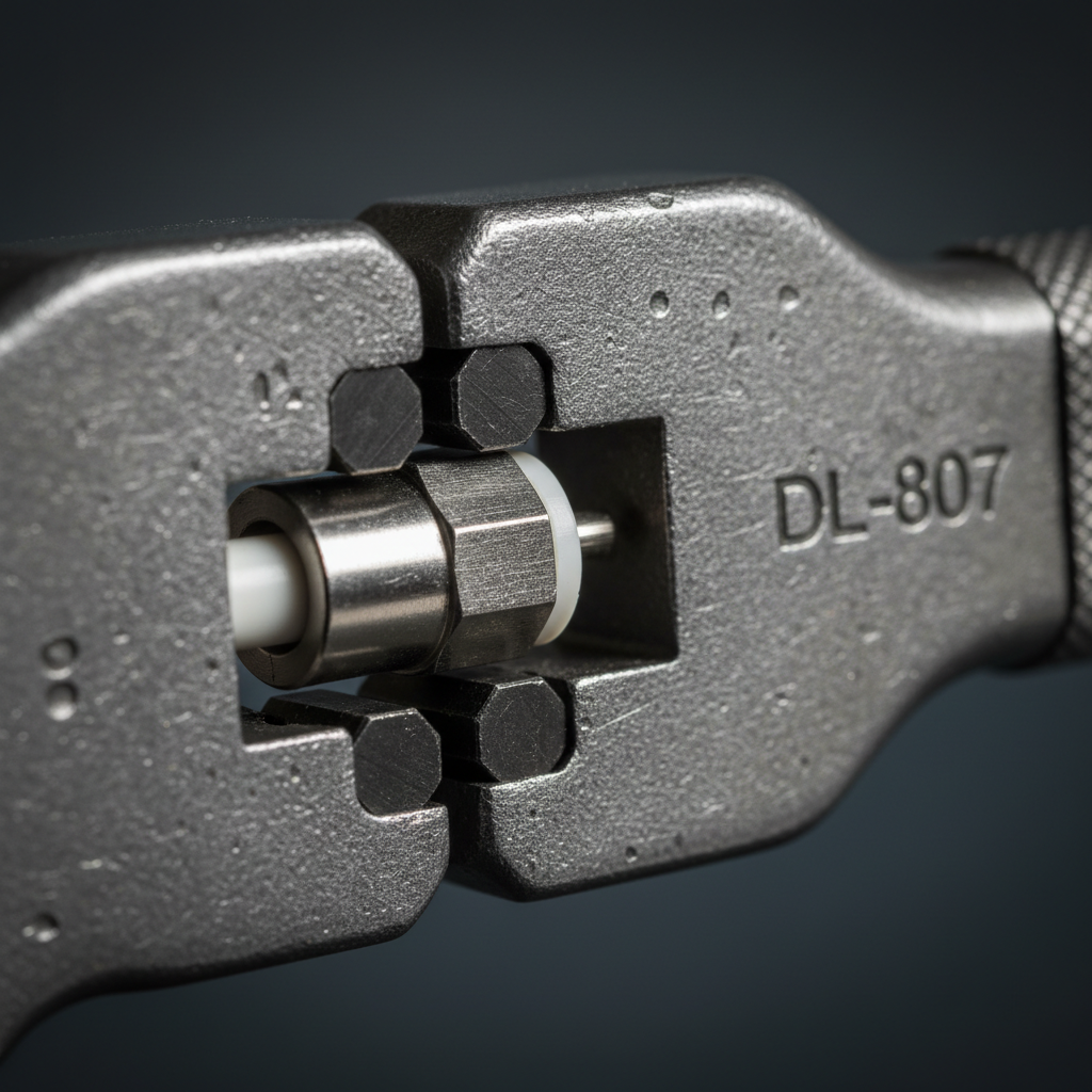 DL-807 - Detalle macro mordaza sobre conector RG6