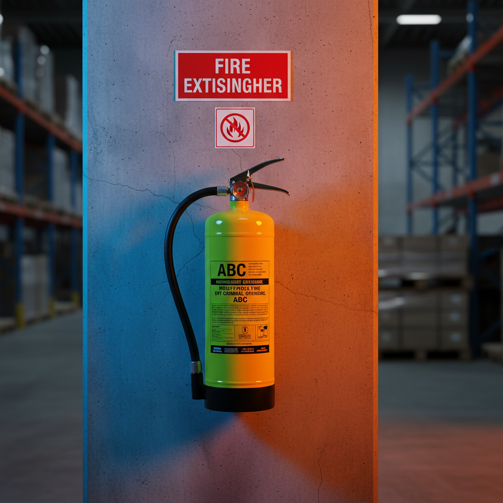 Extintor amarillo en bodega industrial