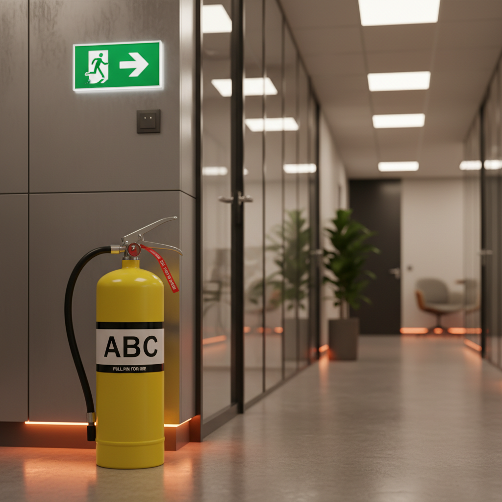 Extintor en corredor de oficina con salida de emergencia