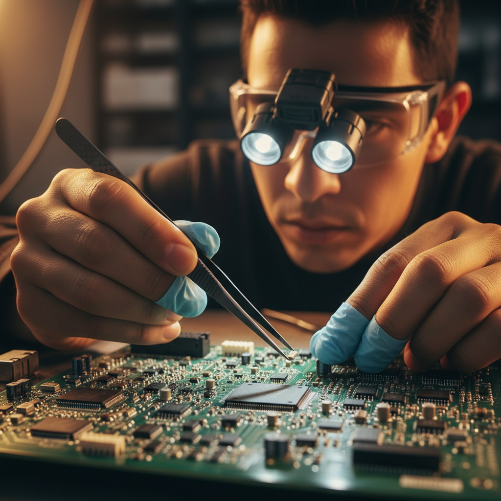 Pinzas ESD - Técnico tomando componente SMD