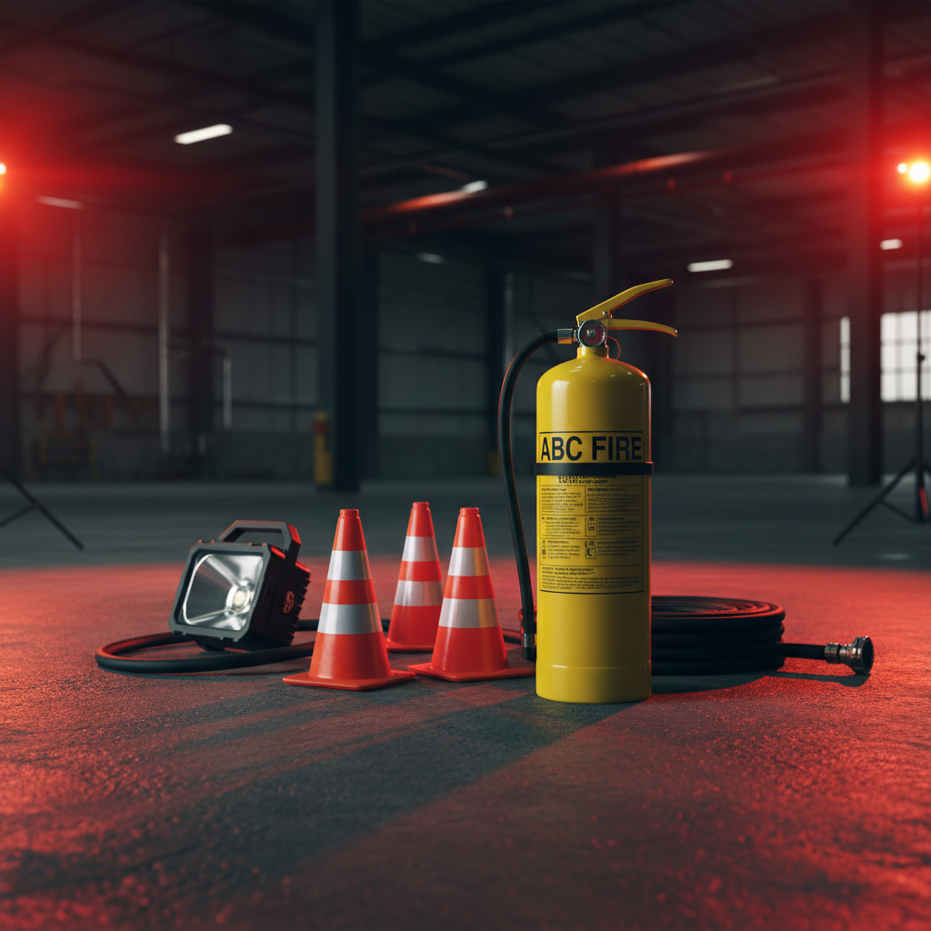 Extintor en piso industrial con conos de seguridad