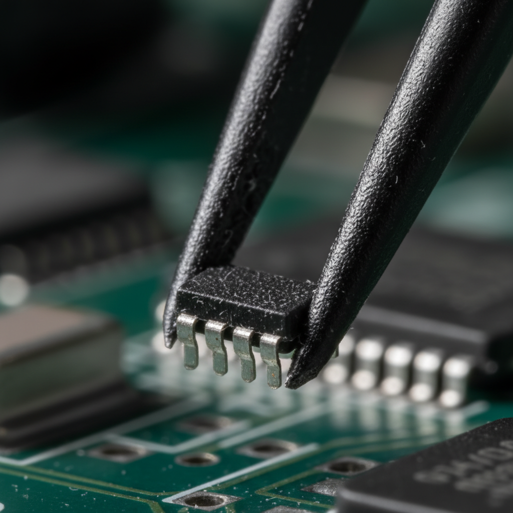 Pinzas ESD - Detalle macro punta sujetando microchip