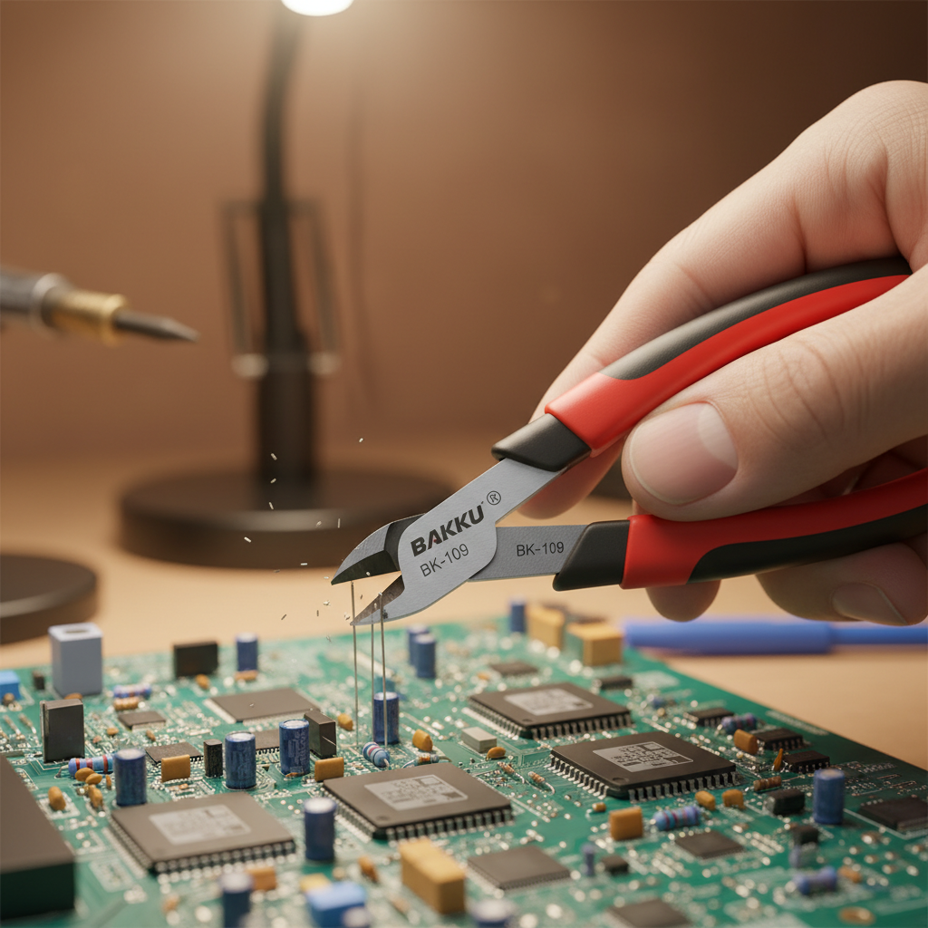 BK-109 - Técnico cortando patas de componente en PCB